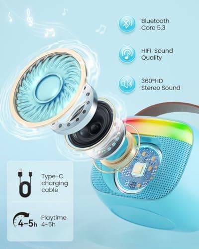 Mini Karaoke Machine for Kids, Toy for Girls Portable Bluetooth Speaker with 2 Wireless Microphones, Fashion Toy Gifts for Christmas Birthday, for 3 4 5 6 7 8+ Year Old Girls Gifts(Blue) - Thumbnail 2