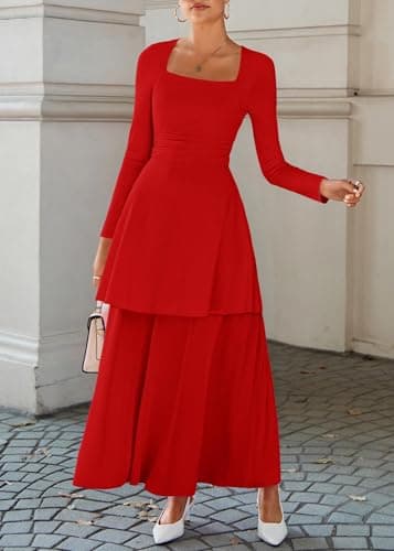 Lazysmile Women's Long Sleeve Fall Dresses Square Neck Ruched Waist Ruffle Hem Flowy Elegant Modest Boho Casual Maxi Dress Red - Thumbnail 5