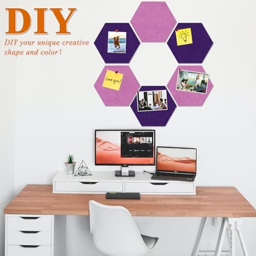 HULAVO Large Hexagon Felt Cork Board Tiles, Self Adhesive DIY Felt Bulletin Board Pin Board with 35 Pushpins for Office School Home Wall Decor(Purple+Light Purple) - Thumbnail 3