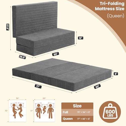 Erament 6-Inch Tri-Fold Mattress Queen Size, Covertible Bed Floor Futon Mattress with Handles & Non-Slip Bottom, Foldable Mattress with Removable Tufted for Guest, Camping, Dorm - Thumbnail 2
