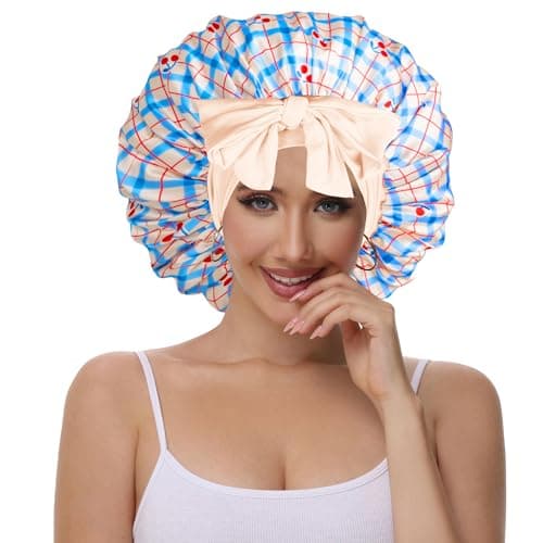 Vettres Hair Bonnet for Sleeping Satin Lined Sleep Cap Double Layer Silk Head Wrap for Curly Natural Hair Cherry Blue - Thumbnail 2
