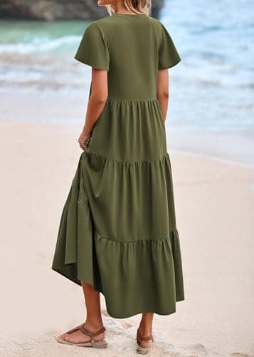 KIRUNDO Summer Maxi Dresses for Women 2026 Spring Fashion Short Sleeve Button V Neck Pleated Loose Tiered Swing Flowy Dress(Army Green, X-Large) - Thumbnail 2