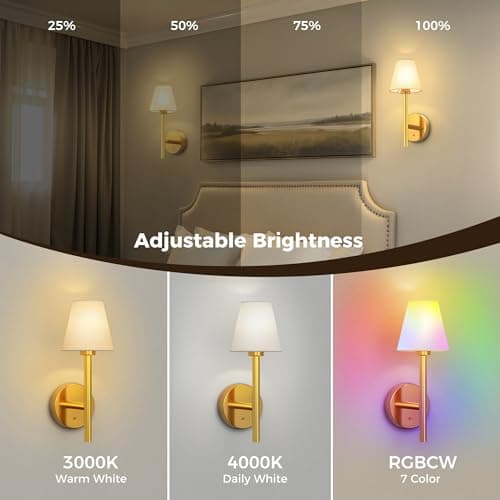 L LOHAS LED Battery Operated Wall Sconce & Table Lamp Set of 2, 10000mAh Battery Powered Dimmable Wall Lamp with App, 15 DIY Color, Wireless Sconces Wall Decor for Living Room, Bedroom, Gold - Thumbnail 4