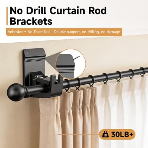 Universal Heavy Duty Curtain Rod Brackets, No Drill Curtain Rod Brackets with Adhesive & Invisible Nail, 30+LB Load Curtain Rod Holders, Damage Free Curtain Rod Hooks for Wall, Bathroom, Kitchen 4PC - Thumbnail 2