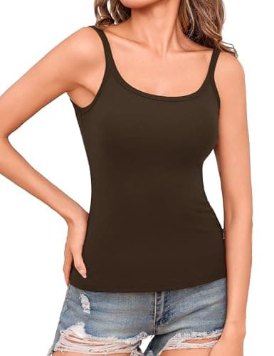 Totatuit Women Casual Spaghetti Strap Camisole Top Square Neck Tank Tops Fitted Layering Tops Basic Undershirts Athletic Tanks Brown X-Large - Image 1