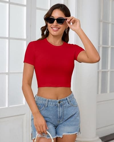 Abardsion Women's Baby Tees Slim Fit Crew Neck Short Sleeve Crop Tops - Basic Y2K T Shirts for Summer Daily Wear & Workout Bright Red Large - Thumbnail 2