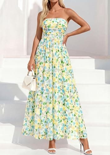 PRETTYGARDEN Women Strapless Maxi Dress 2026 Summer Floral Tube Top Ruched Beach Spring Wedding Guest Long Dresses (Floral White Light Green,X-Large) - Thumbnail 2