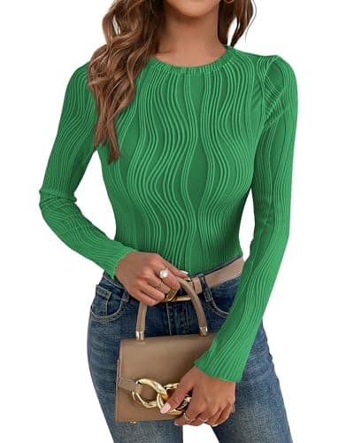 PRETTYGARDEN Women's Tops 2026 Fall Fashion Long Sleeve Crewneck Blouse Fitted Textured Basic Knit T Shirt Y2k Clothes(Green,XX-Large) - Image 1