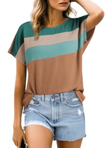Dokotoo Womens Summer Tops Fashion 2026 Casual Crewneck Color Block Short Sleeve Ribbed Knitted Tee Lightweight Loose T Shirts Going Out Tops for Women Chestnut Medium - Image 1