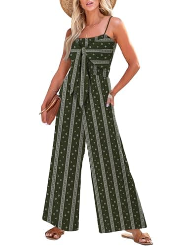 Dokotoo Jumpsuits for Women 2025 Fashion Spaghetti Strap Womens Oversized Boho Overalls Loose Casual Wide Leg One Piece Sleeveless Printed Jumpsuit Long Pant Rompers with Pockets,Green-Striped X-Large - Image 1