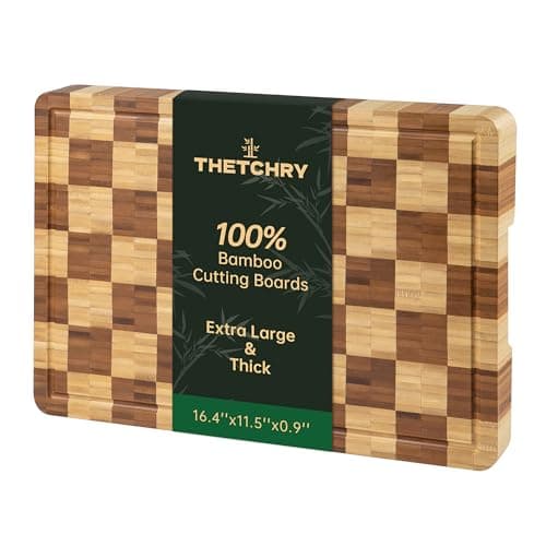 Bamboo Cutting Boards for Kitchen, End Grain Wood Cutting Board with Juice Grooves & Handles, Charcuterie Checkered Chopping Board Thick Butcher Block Serving Tray with Gift Box, 16.4"×11.5"× 1" - Image 1