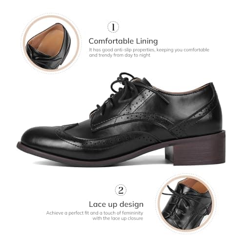 Yremael Women Black Oxfords Lace Up Pointed Toe Classic Business Formal Wingtip Brogue Dressy Shoes - Thumbnail 4