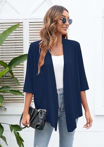 Heymoments Cardigan for Women Dark Blue Large Draped Open-Front 3/4 Sleeve Lightweight Casual Soft Drape Summer Fall Kimonos Cardigans - Thumbnail 4