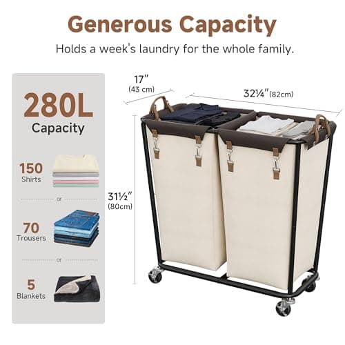 StorageWorks 280L Large Laundry Hamper with Wheels, Laundry Basket with Wheels 2 Sections, Clothes Sorter Cart with Divider for Hotel, Home, Beige, 1-Pack - Thumbnail 2
