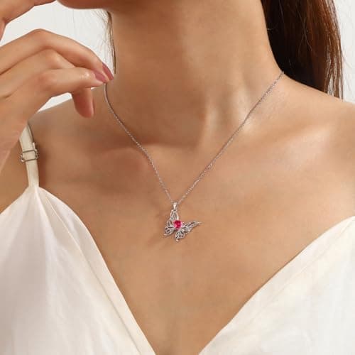Filigree Butterfly Birthstone Pendant Necklace - 925 Sterling Silver Firework-Cut Heart Cubic Zirconia Twine Butterfly Necklace Anniversary Birthday Jewelry Gift for Women Wife Mom Daughter (07-July) - Thumbnail 5