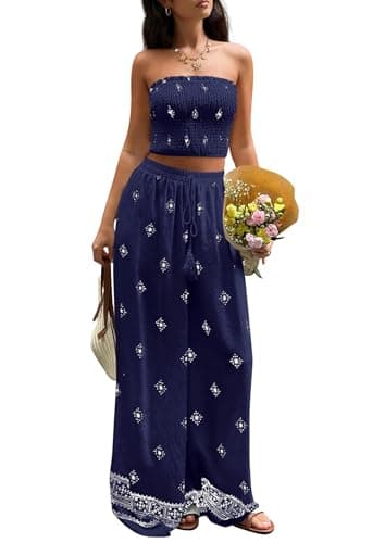 PRETTYGARDEN 2 Piece Sets for Women Summer 2026 Travel Outfits Print Tube Tops Wide Leg Pants Beach Vacation Clothes (Navy Blue,Medium) - Image 1