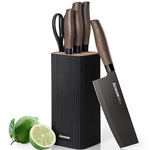 Astercook Knife Set, 6-Piece Kitchen Knife Set with Block, High Carbon Stainless Steel Ultra Sharp Kitchen Knives, Wood Grain Handle, Dishwasher Safe Knife Block Set, Black - Image 1