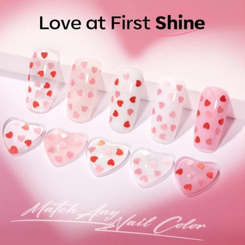 modelones Heart Glitter Gel Top Coat, 15 ML 2 in One No Wipe Clear Gel Nail Polish Red Pink Color Reflective Hearts Sequins Glossy Shine Long Lasting Soak Off Manicure Gift for Women - Thumbnail 4