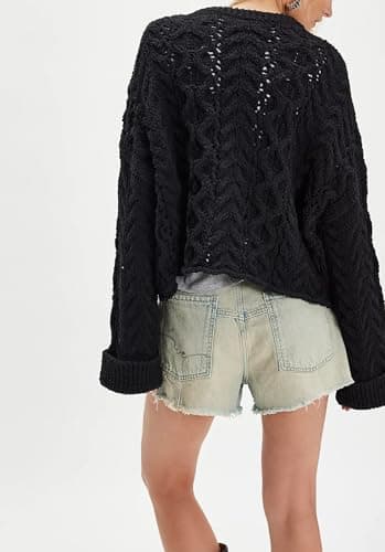 Jenkoon Women's Cable Knit Sweater Oversized Crop Knit Pullover Chunky Crew Neck Long Bell Sleeves Button Front Sweaters(Black,L) - Thumbnail 4