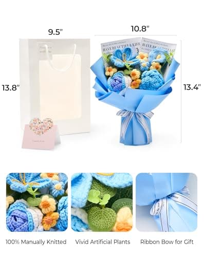 Lizzton Crochet Flowers Bouquet Valentine's Day Gift for Wife Girlfriend Mother Women, Handmade Artificial Knit Blue Rose Tulip Flower for Wedding Anniversary Birthday Valentine Present, Home Decor - Thumbnail 5