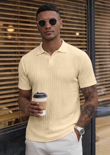 JMIERR Mens Fashion Polo Shirt Spring Short Sleeve Vacation V Neck Dress Shirts Beach Knit Men Gift, L, Yellow - Thumbnail 2