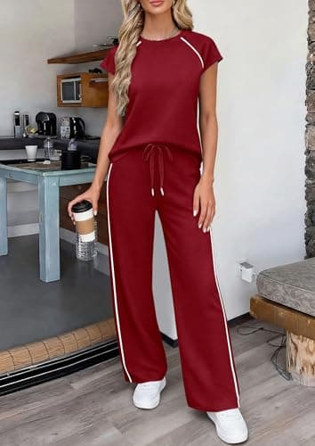 PRETTYGARDEN Two Piece Sets for Women 2026 Summer Vacation Outfits Cap Sleeve Tops Lounge Pants Matching Set Fashion Clothing (Burgundy,XX-Large) - Thumbnail 5