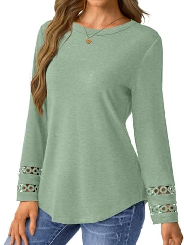 GKBK Womens Long Sleeve Tops Business Dressy Casual Blouses Crewneck Loose Fit Lightweight T Shirts Cute Work Tee Ladies Tunic 2025 Fall Winter Fashion Clothes Trendy Outfits Light Green S - Thumbnail 3