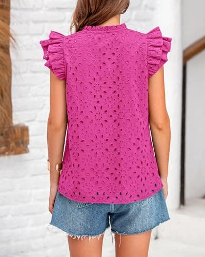 BTFBM Women Summer Eyelet Tops Dressy Casual V Neck Ruffle Cap Sleeve Cotton Boho Shirts Lace Embroidered Blouses 2025(Rose Red, X-Large) - Thumbnail 3