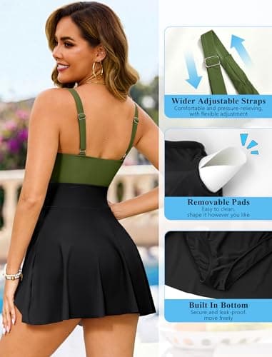 HUSKARY Slimming Tummy Control Swimsuits for Women One Piece Full Coverage Modest Bathing Suits Long Push Up Swim Dress Black Army Green - Thumbnail 6