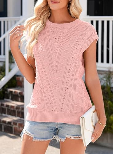 Dokotoo Sweaters Vests for Women Summer Tops Pink Knit Tank Top for Women Spring Outfits Clothing 2026 Trendy Pullover Sweater Oversized Loose Shirts Fit Crew Neck Cropped Size XX-Large - Thumbnail 5