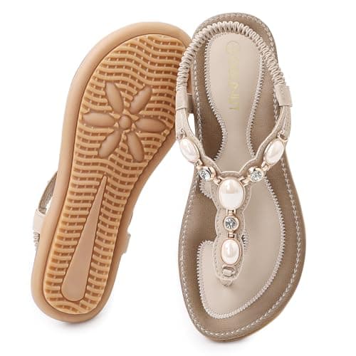 Goldnut Flat Sandals for Women Summer Comfortable T-Strap Rhinestone Dressy Casual Beach Slingback Shoes Beige Size 8 - Image 1