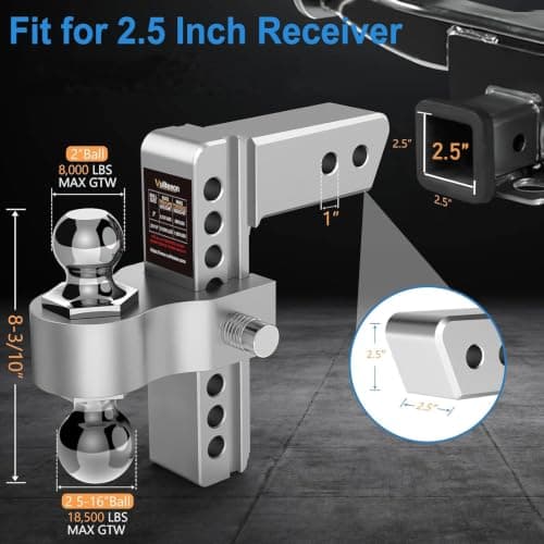 Vullteeon Drop Hitch (for 2.5 Inch Receiver), 8in Adjustable Trailer Hitch - Thumbnail 2