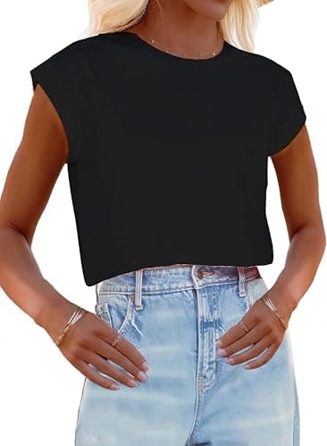 Nagwoy Womens Short Sleeve Crop Tops Round Neck T Shirts Casual Crop Tee Top Black - Image 1