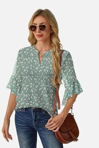 GKBK Womens 3/4 Sleeve Tops Dressy Casual Business Work Blouses Office Shirts Lightweight Slimming Formal Pretty Polyester 2025 Spring Summer Cocktail Party Green XXL - Thumbnail 5