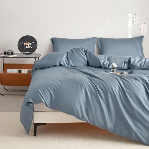 DCSKY King Size Duvet Cover Set 3-Piece - 100% Lyocell Tencel Bedding Set, Silky Smooth & Hypoallergenic, Temperature Regulating for Hot Sleepers (Denim Blue, 104x90 Inches) - Thumbnail 2