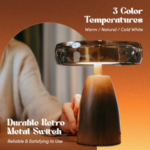 SEHNLICH Aesthetic Table Lamp for Living Room, Bedroom, Bedside, Nightstand Lamp with Wood Base, Stained Glass Shade, 3 Color Temperature, Vintage Retro Mushroom Mid Century Modern Lamp, Desk Decor - Thumbnail 3