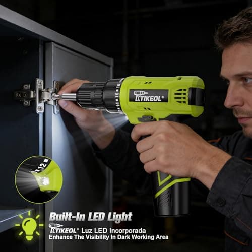 TIKEOL 12V Cordless Drill Set with Battery & Charger, Electric Power Drill with Pure Copper Motor, 180 In-lbs Torque, 18+1 Clutch, 3/8" Keyless Chuck, LED Light, Drill Kit for Home Repair, DIY(Green) - Thumbnail 6