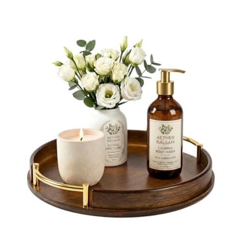 Bathroom Tray for Countertop Organizer,Vanity Tray with Gold Handle,Bamboo Tray for Bathroom Decor,Toilet Tank Tray, Multipurpose Organizer Rack for Lavatory, Bathroom,and Kitchen(Diameter 9.84")