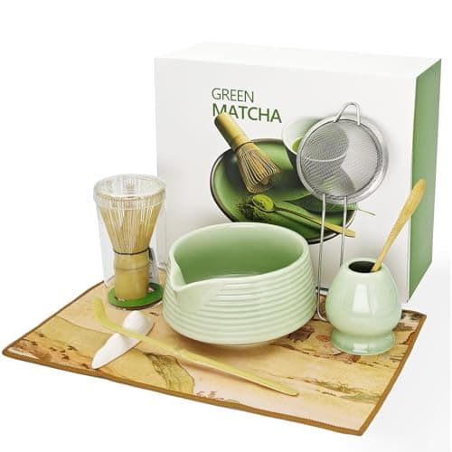 Matcha Whisk Set, Matcha Bowl with Spout, Tea Brush Stand, Stainless Steel Sifter, Matcha Whisk Holder - 8 Pcs Green Matcha Kit Set for Matcha Lover Ideal Holiday Gift, Tea Making Tools