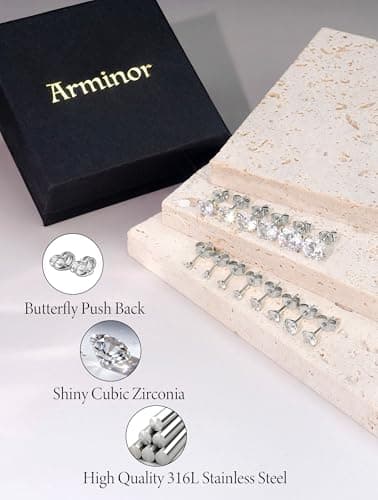 Arminor 7 Pairs 20G Stud Earrings for Women Men Hypoallergenic 316L Surgical Stainless Steel Earrings for Multiple Piercing | AAAAA+ Cubic Zirconia Earring Stacks with Butterfly & Silicone Backs - Thumbnail 6