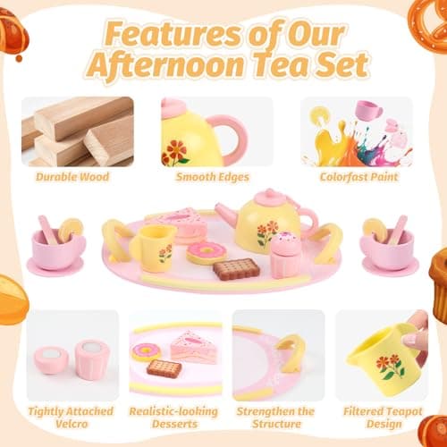 Tea Party Set Wooden Tea Sets for Toddlers 3-5 Play Food Pretend Play Toys Kids Tea Set for Girls 6-8 Birthday Gift Wooden Tea Party Set for Little Girls 3 4 5 6 Years Old Outdoor Tea Time Game - Thumbnail 3