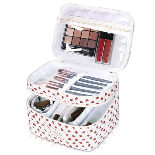 Gosect Makeup Bag, Portable Travel Make up Bag, Large Capacity Quilted Cosmetic Organizer Bag, Cute Floral Toiletry Bag for Women Girls (Strawberry)