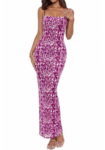 BTFBM Womens Summer Maxi Dress 2026 Floral Mesh Spaghetti Straps Sleeveless Sexy Bodycon Wedding Cocktail Party Dresses(Dark Purple Print, Small) - Image 1
