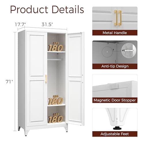 Kubohogar Metal Armoire Wardrobe Closet with 2 Doors, 71" Tall Wardrobe Closet with Doors, Hanging Rod, Drawers and Adjustable Shelves, White Clothing Storage Cabinets for Bedroom, Home Office - Thumbnail 3
