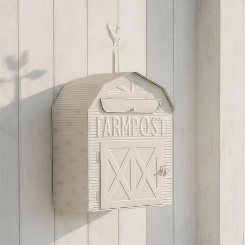 Rustic Mailboxes for Outside Wall Mount – Vintage Farmhouse Mailbox Wall Mount for House | Decorative Wall Mounted Mailboxes for Outside | Metal Outdoor Mail Box with Barn Door Design (Antique White) - Image 1