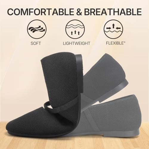 ATHMILE Square Toe Ballet Flats Mary Janes Shoes Women with Padded Heel & Adjustable Strap, Knit Slip-On Flats for Women for Office, Dressy & Casual, Machine Washable for Easy Care Black Size 9.5 - Thumbnail 4