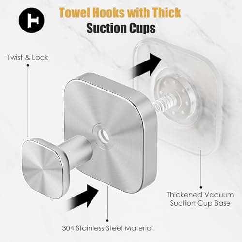 MOTAIPEAK Suction Cup Hooks for Shower, Shower Hooks for Inside Shower, No Drill Strong Hold Towel Hooks, Waterproof Removable Hooks for Bathroom Wall, Glass, Tile, Door – Silver (4 Pack) - Thumbnail 2
