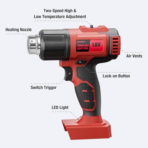 Cordless Heat Gun for Mil-waukee M-18 Battery, 7Pcs Nozzles&Scraper, LED Light, 350W Fast Heating Soldering Hot Air Gun, 2-Temp Setting Max 990℉(532℃), Heat gun for Shrink Tubing, Crafts (Tool Only) - Thumbnail 6