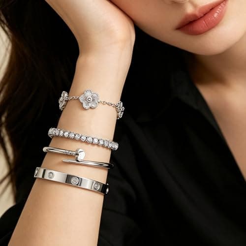 JINDETAI Stackable Silver Bracelets for Women - 3/4/5 Sets, Non-Tarnish Stainless Steel & Sterling Silver Trendy Stackable Bangle Jewelry Set, Gifts for Valentine's Day, Birthday, Prom and Christmas - Thumbnail 2
