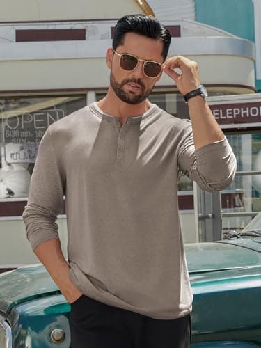 Hardaddy Men's Long Sleeve Henley Shirts Casual Color Block Henley Button T-Shirt Tops Light Khaki M - Thumbnail 5